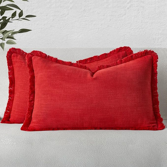 MIULEE Decorative Lumbar Throw Pillow Covers Neutral Linen Fringe Throw Pillows Set of 2 Red Boho Farmhouse Cushion Covers with Tassels for Couch Sofa Bed Living Room Spring Home Decor 12x20 Inch