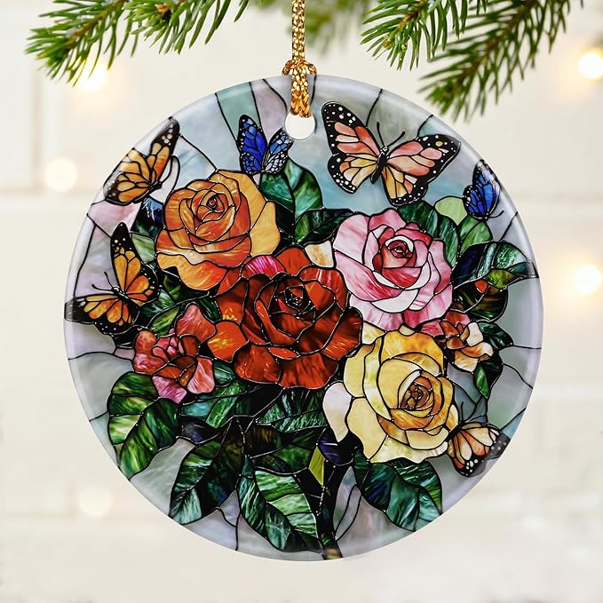 Butterfly & Rose Ornament | Christmas Ornaments, Christmas Decorations, Hanging Ornaments for Tree, Holiday Decor Gifts | Gifts for Flower Lover, Women, Friend, Neighbor | Gift Exchange Ideas