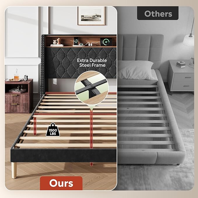 WLIVE Queen Size Upholstered Bed Frame with Storage Headboard, Velvet Square Tufted Platform Bed with Charging Station, Sturdy Metal & Wooden Slats Support, No Box Spring Needed, Black