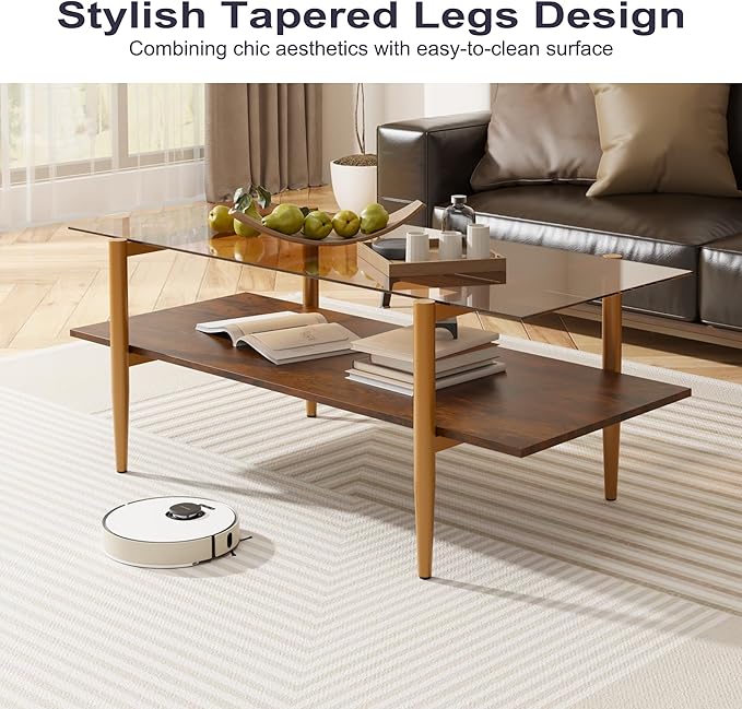 Glass Coffee Table, Rectangle Living Room Center Table with Golden Legs, Mid-Century Modern Accent Tables with Open Shelf for Living Room, Office, Brown