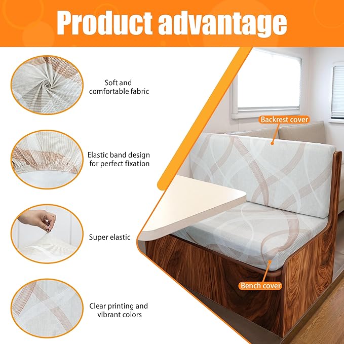 Rv Dinette Cushion Covers,Printing Stretchable Camper Cushion Cover,RV Cushion Slipcover,Rv Couch Cover Replacement for RV Camper Car Bench,2 Backrest Covers and 2 Bench Covers (Coffee colored lines)