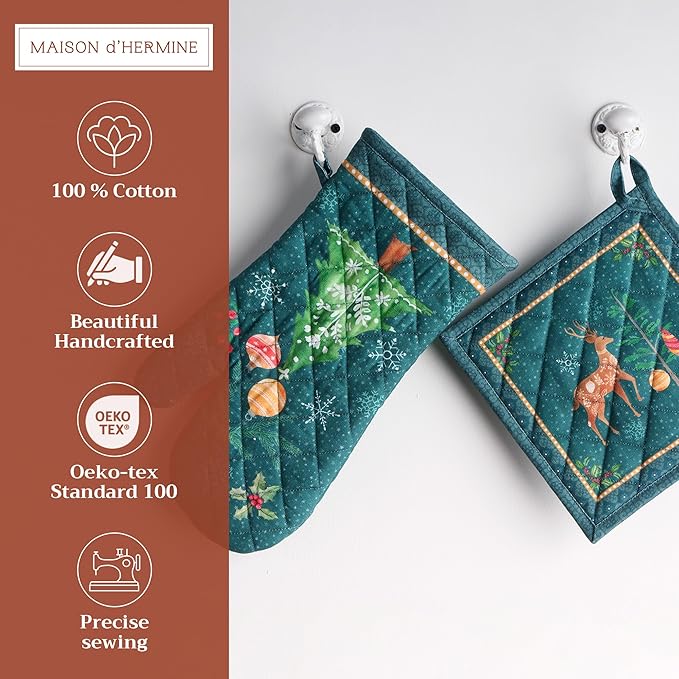 Maison d' Hermine 100% Cotton Oven Mitt & Pot Holder Set (7.5"x13" & 8"x8") Heat Resistant BBQ Cooking Gloves with Loop for Thanksgiving Christmas Decorations Handling Hot Pans (Hygge Christmas)