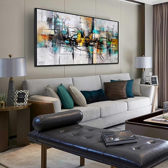 SIXTTART Abstract Canvas Wall Art for Living Room - Black and Teal Canvas Wall Art with Frames - Home Office Decor Ready to Hang Size 29" x 59"