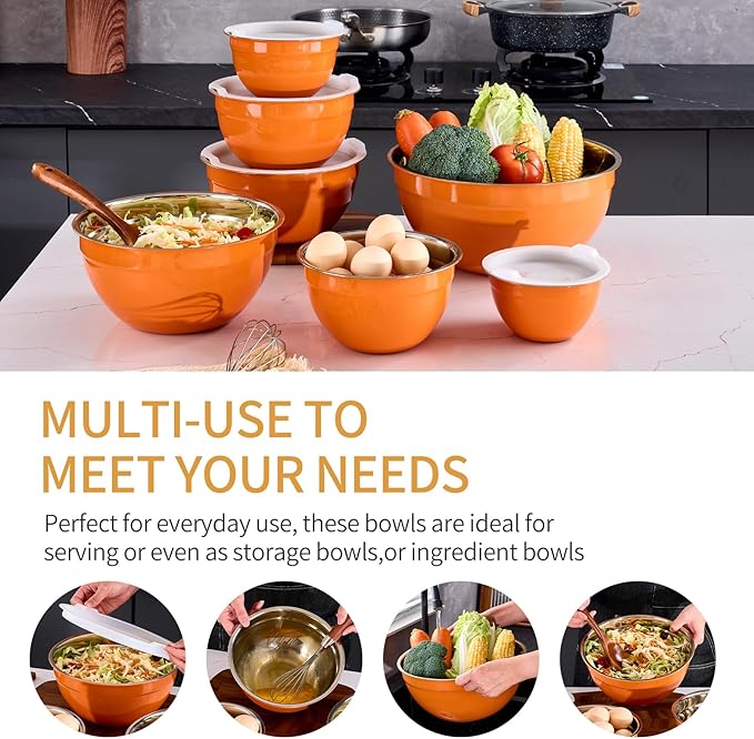 Orange Mixing Bowls With Airtight Lids,Stainless Steel Bowl,Salad Bowls 7 Piece Colorful Nesting Bowl Orange Kitchen Accessories,Size 7,3.6,2.7,2.1,1.5,1.1,0.8QT Stackable Design