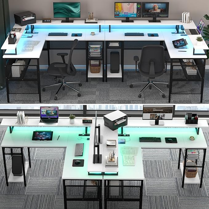 Unikito L-Shaped Desk with LED Strip and Power Outlets, Reversible Corner Computer Desk with Monitor Stand and Storage Shelf, Modern L-Shaped Gaming Table, Home Office Desk with USB Ports, White