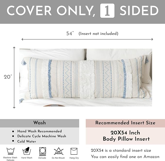 Large Body Pillow Cover for Bed 20x54 Coastal Blue Boho Accent Oversized Long Pillowcase for Bedroom Decorative Cushion Farmhouse Home Décor (Cover ONLY, Pack of 1)