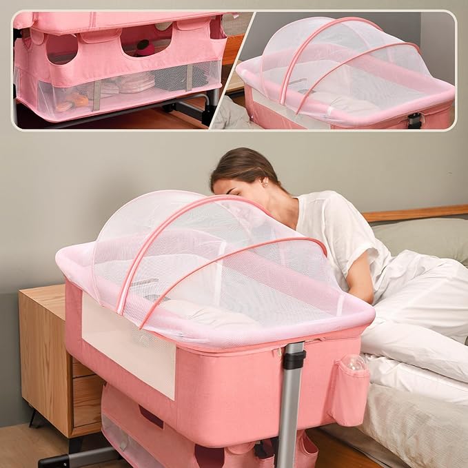 Baby Crib,3 in 1 Bedside Crib Adjustable Portable Bed for Infant,Baby Bassinet Newborn Must Have Bed,Pink