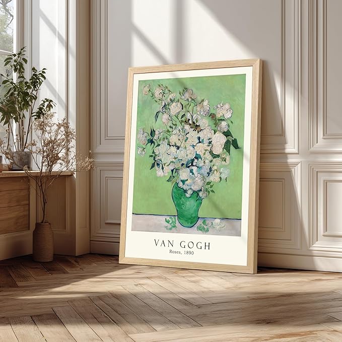 FASWQ Wood Framed Monet Van Gogh William Morris Wall Art, Grass Botanical Wall Decor, Mid Century Impressionist Canvas Paintings, Modern Green Landscape Poster Print for Living Room Bedroom 16"x24"x3