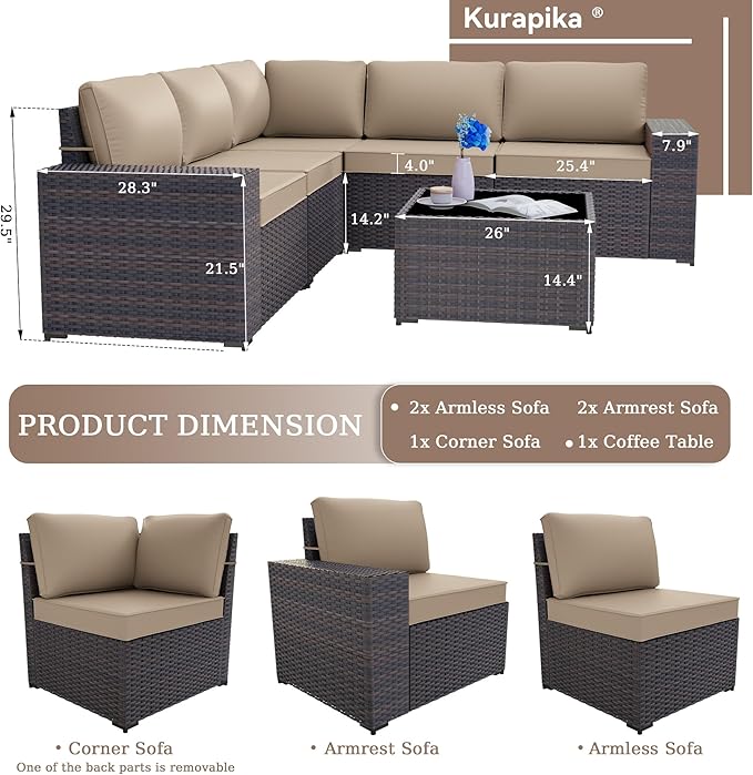 Kurapika 6 Pieces Patio Furniture Set, Rattan Wicker Outdoor Conversation Sets w/4 Inch Cushion and Glass Coffee Table(Sand)