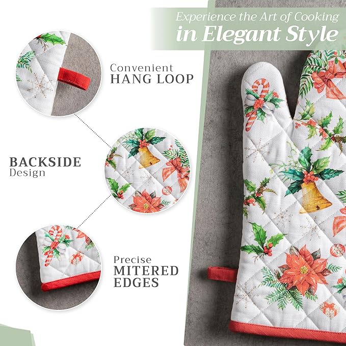 Maison d' Hermine 100% Cotton Oven Mitt & Pot Holder Set (7.5"x13" & 8"x8") Heat Resistant BBQ Cooking Gloves with Loop for Thanksgiving Christmas Decorations Handling Hot Pans (Chromo)