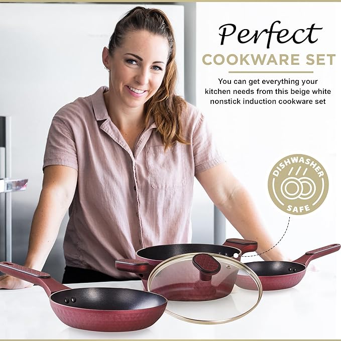 Moss & Stone 4 Piece Nonstick Cookware Set, Small Pots And Pans Set Non stick With Glass Lid, Induction Cookware, Stay Cool Handle, PTFE/PFOA, Kitchen Cookware 4-Piece with Frying Pans Set & Saucepan