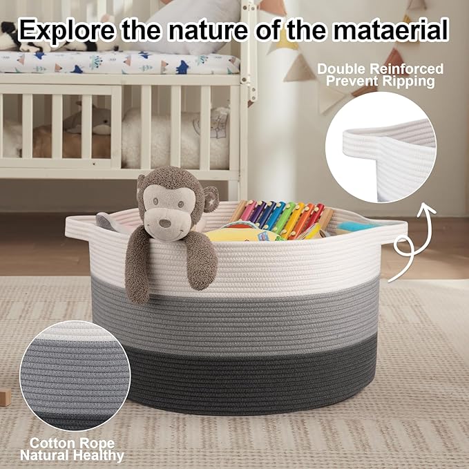 OIAHOMY Extra Large Storage Basket, 23" x 13" Woven Blanket Storage for Living Room, Round Laundry Basket for Pillow-Gardient Dark Grey