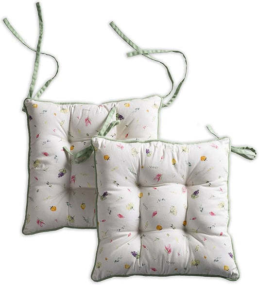 Maison d' Hermine Chair Pads for Dining Chairs Cotton Outer Fabric and Poly Filling 16"x16" Patio Seat Cushions for Furniture with Ties Home Chair Farmhouse (Botanical Fresh - All Over, Pack of 2)