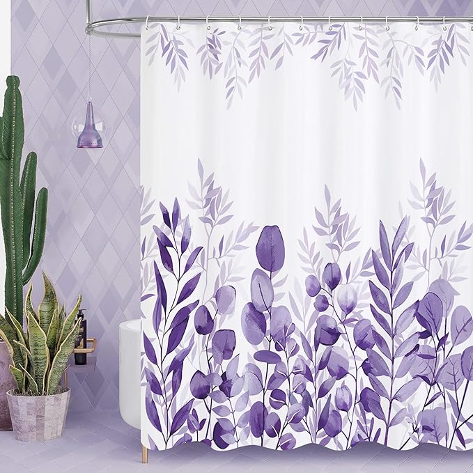MitoVilla Purple Eucalyptus Shower Curtain, Plant Leaves Fabric Cloth Shower Curtains for Rustic Vintage Bathroom Decor, Modern Chic Botanical Shower Curtain, 72x72