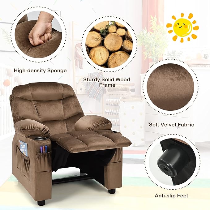 Costzon Kids Recliner Chair with Cup Holder, Adjustable Velvet Lounge Chair w/Footrest & Side Pockets for Children Boys Girls Room, Ergonomic Toddler Furniture Sofa, Kids Recliner (Brown)