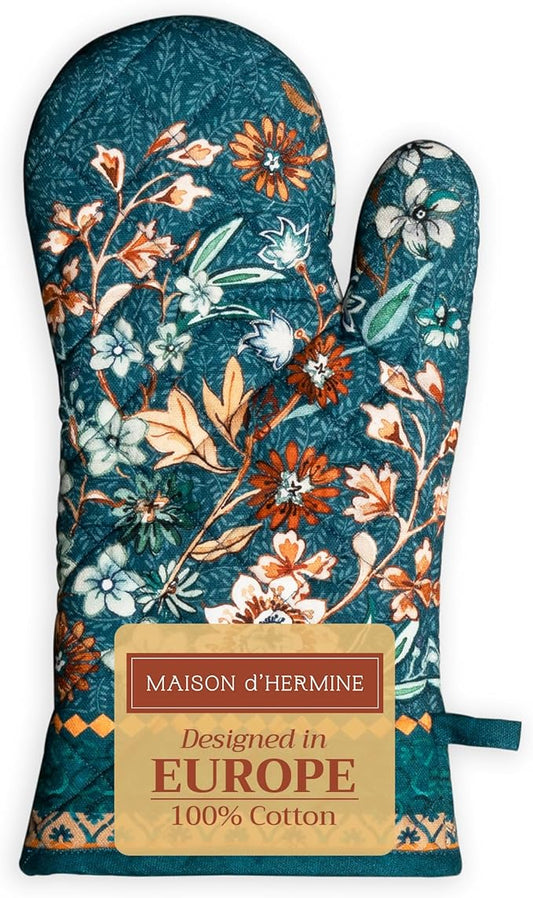 Maison d' Hermine Oven Gloves 100% Cotton Oven Mitt 7" x 13" with Loop Heat Resistant BBQ Cooking Gloves for Thanksgiving Christmas Decorations Handling Hot Pans (Pack of 1, Luxury Loft - Dark Teal)