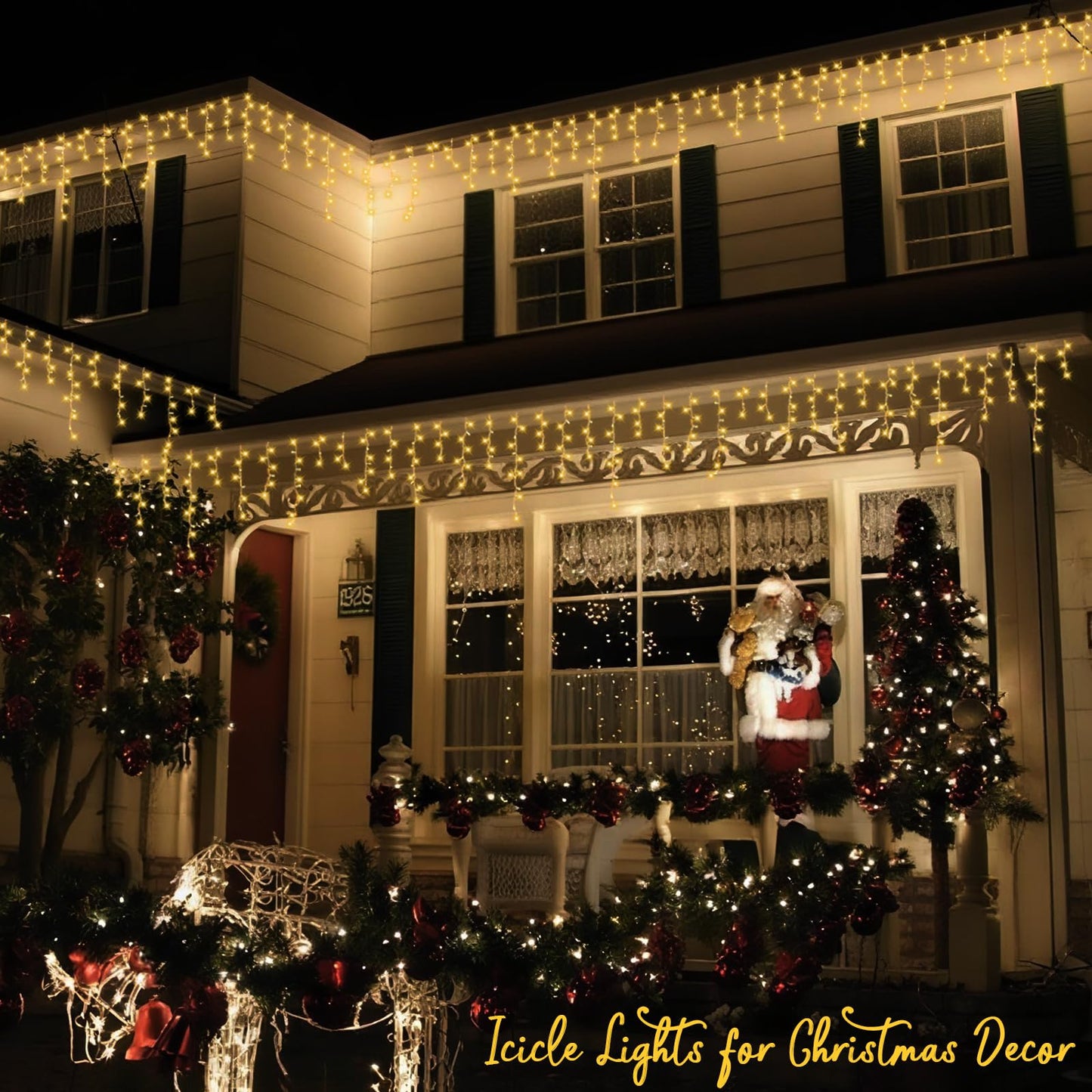 QITONG Warm White Icicle Christmas Lights, 33ft 400 LED Icicle Lights for Outside Indoor with 8 Modes, Clear Wire Connectable String Light Plug in