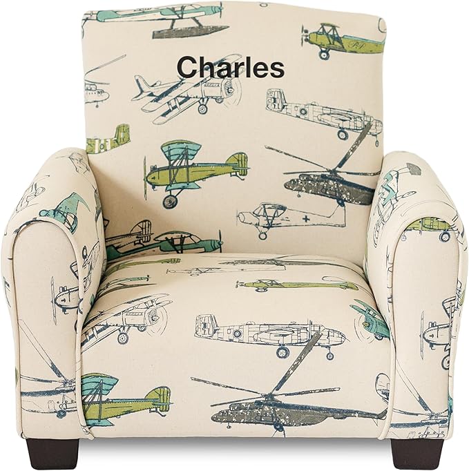 Toddler Personalized Armchair, Kids Upholstered Rocking Chair with Personalization, Toddler Chair with Personalized Name, Comfy Child Armchair, (Airplanes Print, Legs)