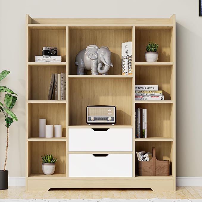 Cozy Castle Kids Bookshelf with Storage, Toy Storage Organizer with 2 Drawers and 10 Cubes 4-Tier Bookcase for Bedroom, Playroom, Hallway, Living Room(Oak & White)