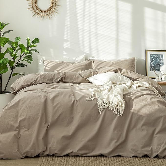 MooMee Bedding Duvet Cover Set 100% Washed Cotton Linen Like Textured Breathable Durable Soft Comfy (Solid Mocha Brown, Super Queen 90"x98")