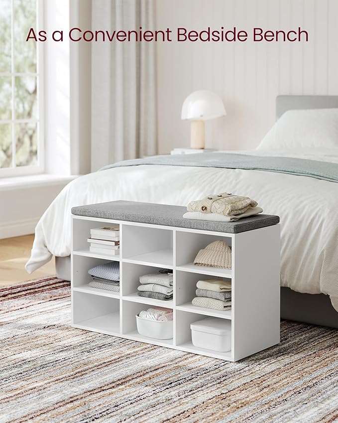 VASAGLE CUSTOS Collection - Shoe Bench, Storage Bench with Padded Seat, Entryway Bench with 9 Compartments, for Bedroom, 11.9 x 30.9 x 18.9 Inches, Cloud White and Dove Gray ULHS009W14