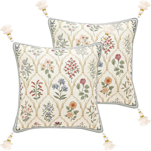 Design Linen Throw Pillow Covers 18"x18" Pack of 2, Square Farmhouse Cushion Covers with Yellow Purple Watercolor Wildflower Pattern Decor Pillowcases for Bed,Living Room,Outdoor,Car