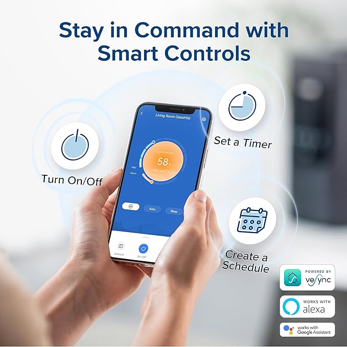 LEVOIT 6L Smart Warm and Cool Mist Humidifiers for Home Bedroom, 60H Runtime and Auto Customized Humidity for Large room, Schedule, Easy Top Fill, Essential Oil Diffuser, Whisper-Quiet, Handle, Black