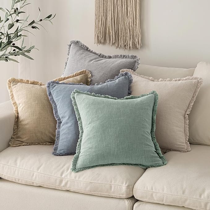 MIULEE Decorative Throw Pillow Covers Neutral Linen Fringe Throw Pillows Set of 2 Aqua Green Boho Farmhouse Cushion Covers with Tassels for Couch Sofa Bed Living Room Spring Home Decor 20x20 Inch