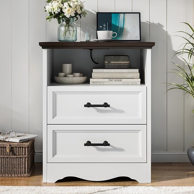 Farmhouse Nightstand with Charging Station, End Table with 2 Drawers Storage, Space-Saving Wood Storage Cabinet with Unique Base Design, Bedside Table for Bedroom, Living Room, White