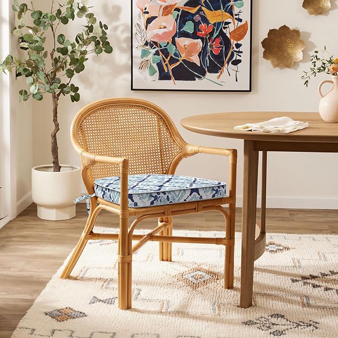 Set of 2 Outdoor Chair Cushions 19"x19"x2",Water Repellent Seat Dining Chair Cushion with Ties and Removable Covers, Chair Cushions for Indoor Kitchen and Patio Furniture,Boho Geometry Blue