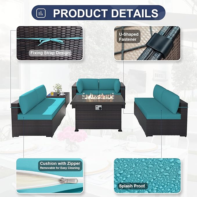 Kurapika 8 Pieces Patio Furniture Set, Rattan Wicker Outdoor Conversation Sets w/43in Propane Fire Pit Table and 4 Inch Cushion(Blue)