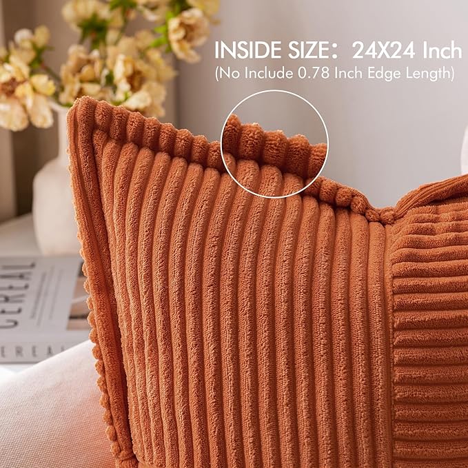 MIULEE Rust Fall Corduroy Decorative Euro Sham Pillow Covers 24x24 Inch with Splicing Set of 2 Soft Boho Pillow Covers Broadside Textured Summer Pillowcases for Couch Bed Livingroom