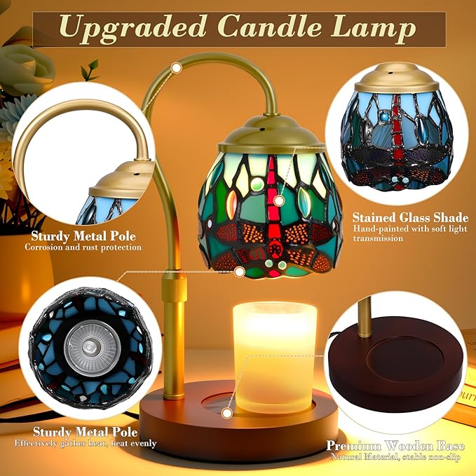 Candle Warmer Lamp with Timer Dimmer, Adjustable Height Candle Warmer for Jar Candles, Birthday Gifts for Women New Home Bedroom Decor Tiffany Dragonfly Style Stained Glass with 2 Bulbs
