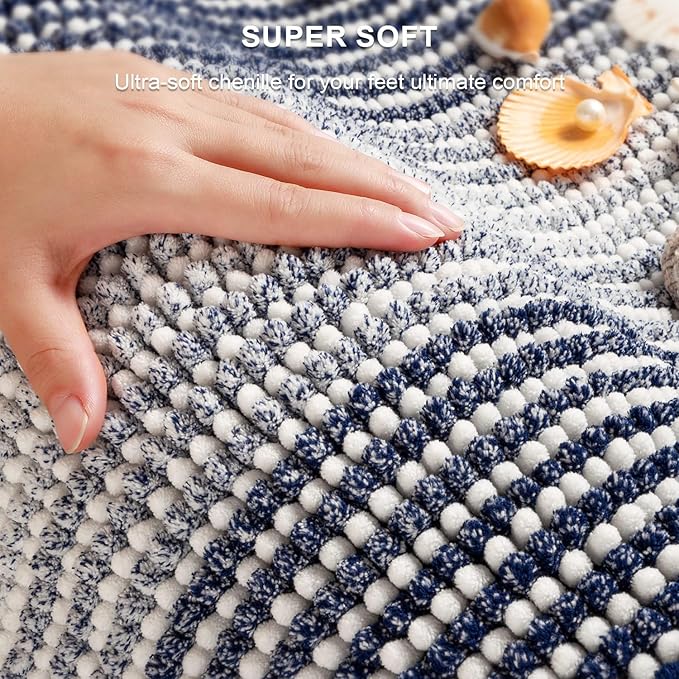 BSICPRO Bathroom Rugs and Mats Sets, 2 Piece Thick Absorbent Chenille Bath Mat Rug Set Non Slip, Soft Shaggy Bath Room Floor Mats for Bathroom, Machine Washable (Navy, 24" x 70" Plus 20" x 32")