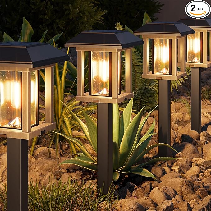 XMCOSY+ Solar Lights Outdoor Waterproof IP65, 25 LM Garden Light for Yard Pathway, Dual-Tone LED Lights with Seed Glass Metal, Solar Powered Landscape Walkway Pathway Decor Lighting (Warm White)