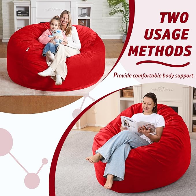 5FT Bean Bag Chair with Ultra Soft Velvet Cover Bean Bag Sofa with Memory Foam Bean Bag Chairs with Large Size Lazy Sofa for Dorm Office Living Room Bedroom Red 5'