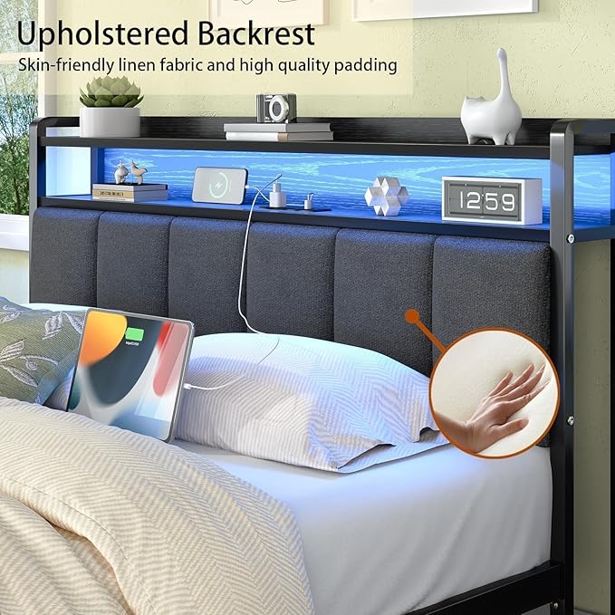Full Size Bed Frame with LED Lights and Charging Station, Metal Platform Bed Frame Full with Upholstered Storage Headboard, Heavy Duty Metal Slats, No Box Spring Needed, Easy Assembly, Dark Grey
