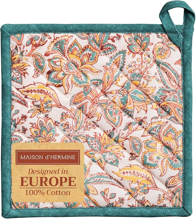 Maison d' Hermine Pot Holders 100% Cotton Heat Resistant Potholders 8" x 8" Hot Pads with Loop for Thanksgiving Christmas Decorations BBQ Cooking Baking Handling Hot Pans (Pack of 1, Nila)