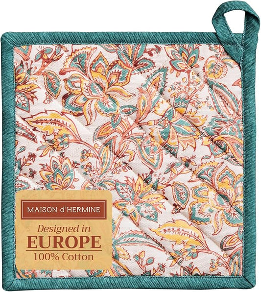 Maison d' Hermine Pot Holders 100% Cotton Heat Resistant Potholders 8" x 8" Hot Pads with Loop for Thanksgiving Christmas Decorations BBQ Cooking Baking Handling Hot Pans (Pack of 1, Nila)