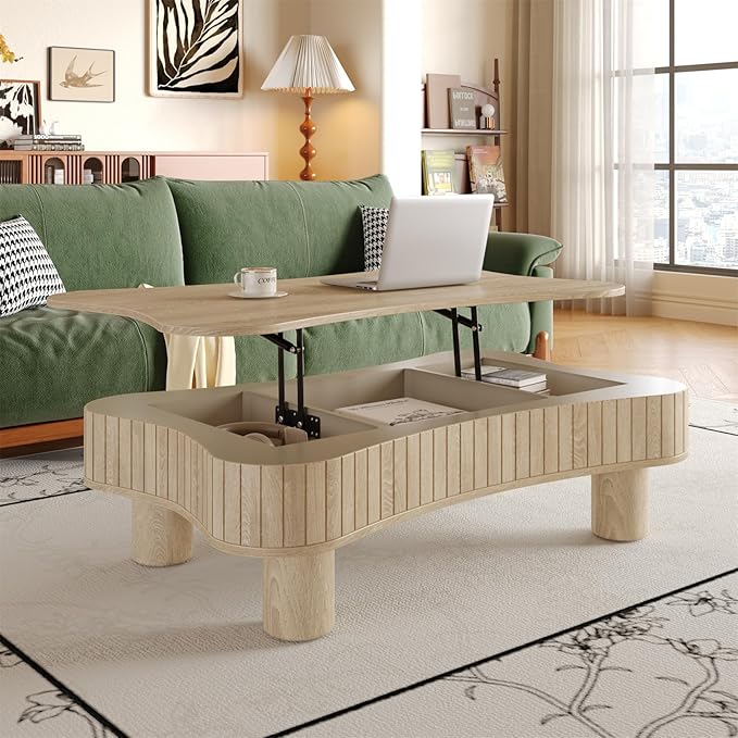 42.5'' Modern Lift Top Coffee Table for Living Room, Solid Wood Center Table, Fluted Panel Design, Storage Compartments, 42.5x27.2 Inch Surface, Hydraulic Lift Mechanism, Easy Assembly
