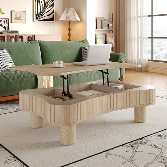 42.5'' Modern Lift Top Coffee Table for Living Room, Solid Wood Center Table, Fluted Panel Design, Storage Compartments, 42.5x27.2 Inch Surface, Hydraulic Lift Mechanism, Easy Assembly