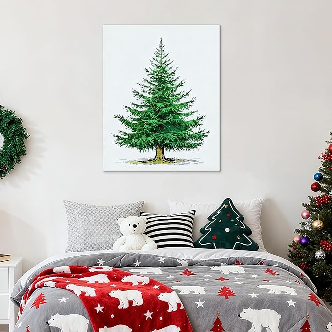 Framed Christmas Pictures Wall Decor,Vintage Pine Tree Prints,Winter Christmas Canvas Wall Art Decoration for Bedroom Bathroom Living Room Rustic Xmas Holiday Gifts (Christmas Tree 6, 12'' X 16'')