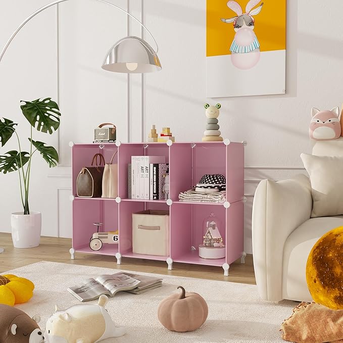 AWTATOS Cube Storage Organizer Protable Closet Organizers and Storage for Kids DIY Stackable 6 Cubes Storage Shelves Clothes Organizer for Bedroom, Home, Pink