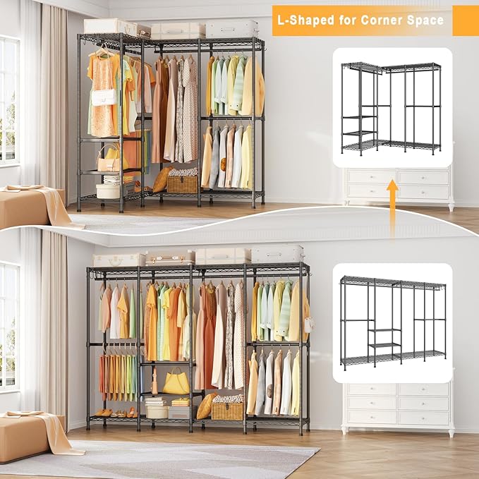 H41 Garment Rack Heavy Duty Clothes Rack, Clothing Racks for Hanging Clothes, Extra Large Freestanding Portable Closet Wardrobe Rack 78.5'' W × 15.8'' D × 76.4'' H, Max Load 1150 Lbs, Black