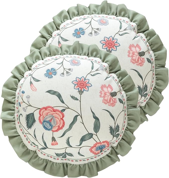 Design Round Retro Elegance Linen Throw Pillow Covers Diameter 16" Pack of 2, Green Pink Floral Pattern Cushion Covers Decor Pillowcases for Bed,Living Room,Outdoor,Car