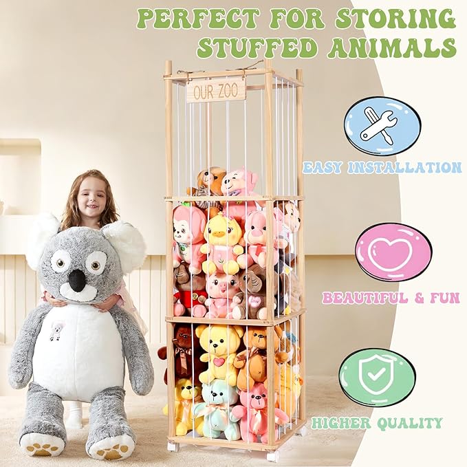Stuffed Animal Storage & Organizer, Wooden Stuffed Animal Zoo, Large Toy Storage Organizer & Holder, Plush Toy Display Tower Shelf with Wheels for Toddler Rooms, Playrooms & Kids Bedrooms
