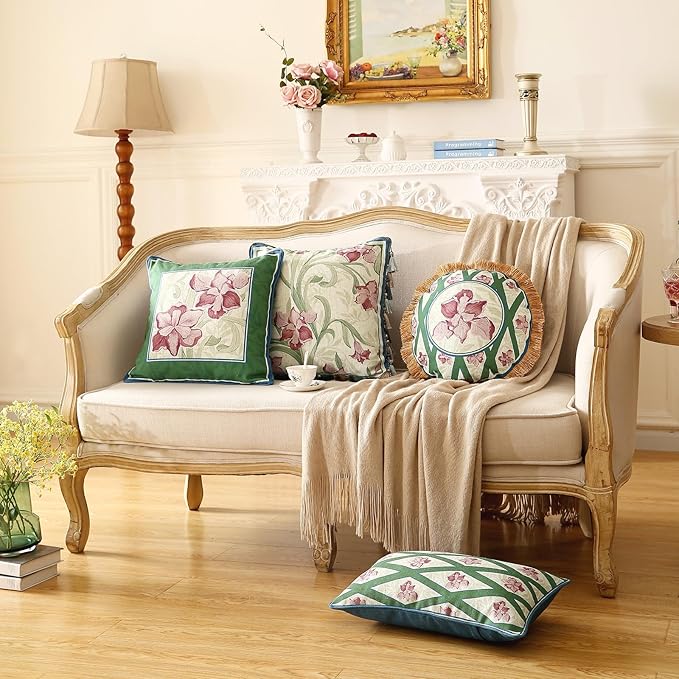 patdrea Designer Throw Pillow Covers Set of 2,French Elegant Spring Green Linen with Iris Floral Pattern Pillow Covers,Decorative Lumbar Pillowcases Cushion for Bed Living Room Outdoor,12"x20"