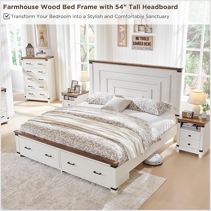 RedLemon Farmhouse King Size Bed Frame w/ 54" Tall Geometric Headboard, Rustic Wood Platform Bed w/ 2 Large Storage Drawers, Wood Slats Support, Noise Free, No Box Spring Needed, Antique White