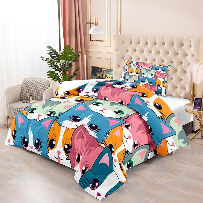 Cat Twin Comforter Set for Girls - Neon Cat Bedding Set for Girls Bedroom, Twin Size