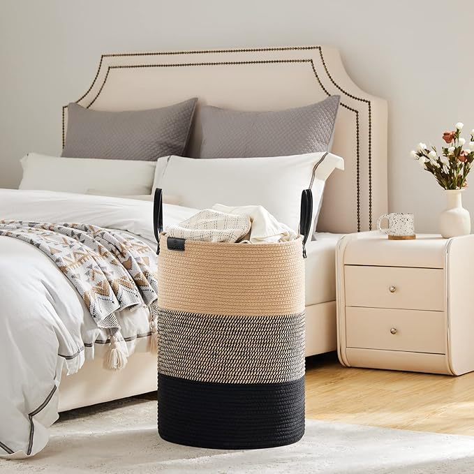 VIPOSCO Tall Laundry Basket, Large Dirty Clothes Hamper with Leather Handle, Woven Rope Storage Basket for Blanket, Toy In Living Room, Bathroom, Bedroom - 72L Brown & Black